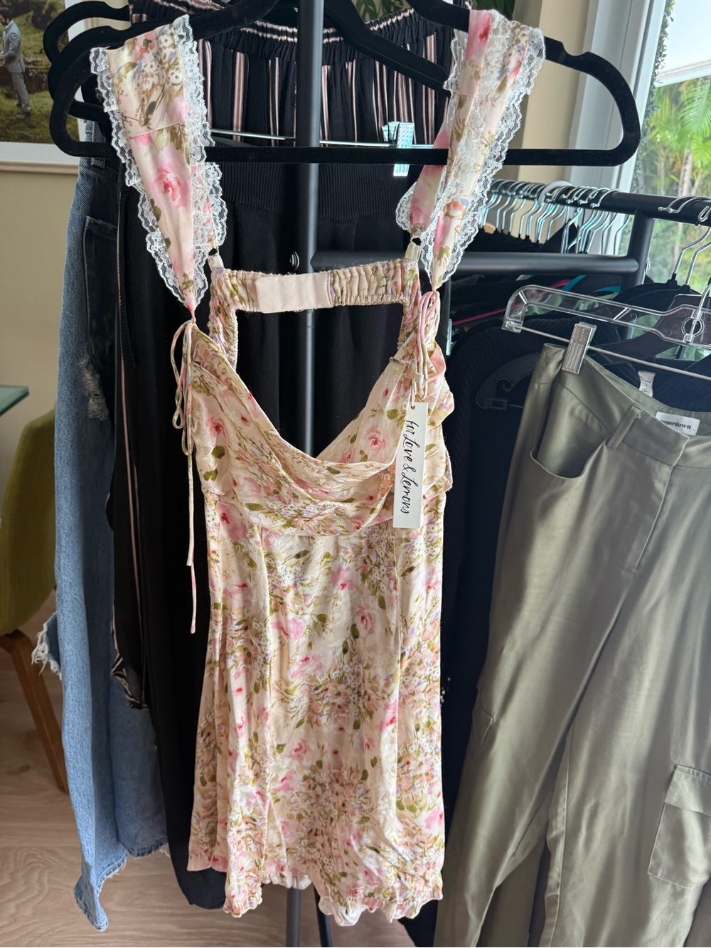 For Love & Lemons Floral Lace-Trim Slip Dress with Pink Accents